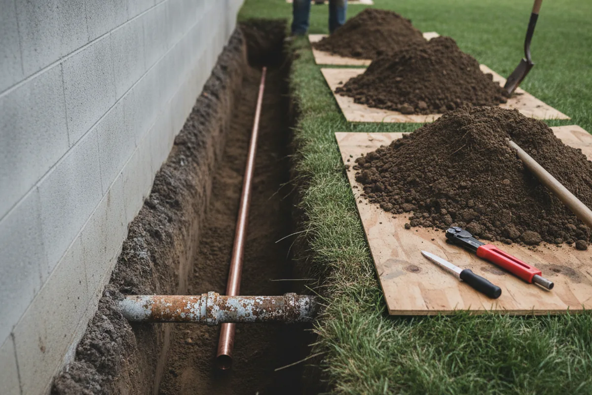 Excavated water line trench during Water Softener Installation in South San Francisco